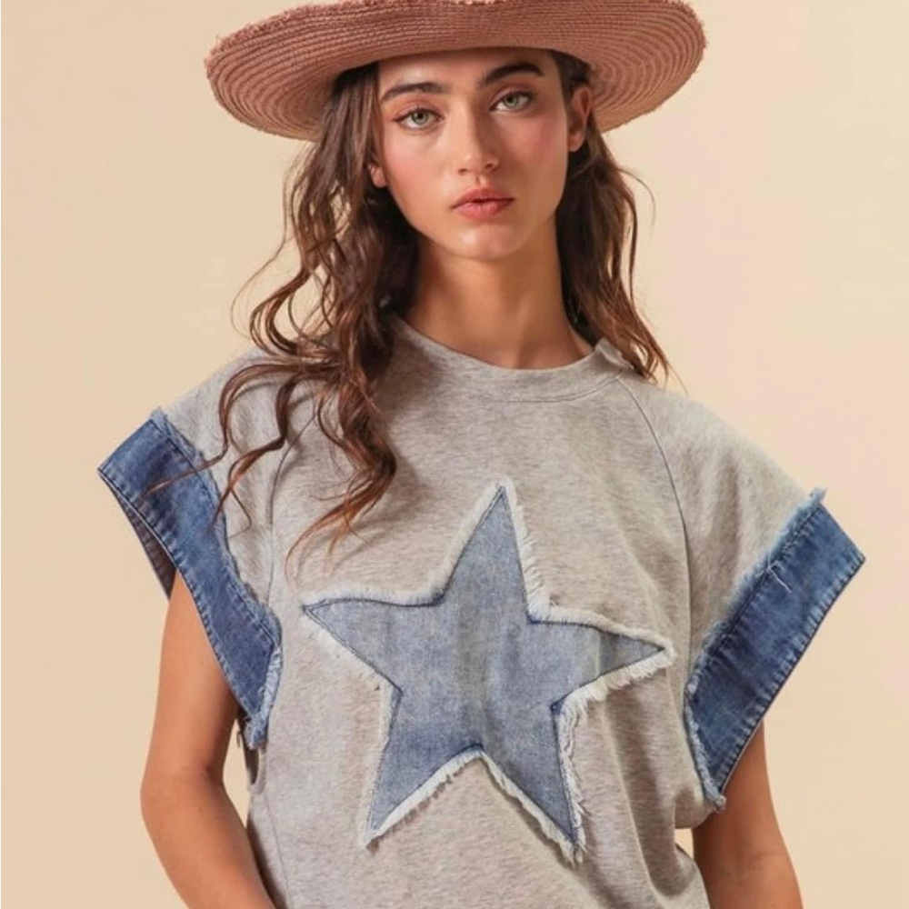 Brand new Heather gray short sleeve sweatshirt with distressed denim star & trim